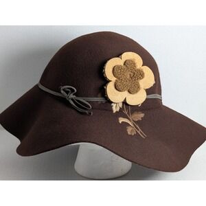 Goorin Bros Brown Wool Felt Wide Brim Cloche Hat Floral Accent Women's Boho